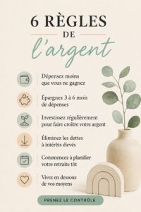 Femme contemplant ses finances avec un sourire, représentant une gestion saine de l'argent.