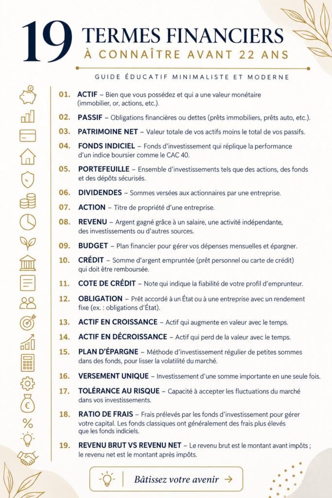 Infographie illustrant 19 termes financiers essentiels pour gérer ses finances personnelles.