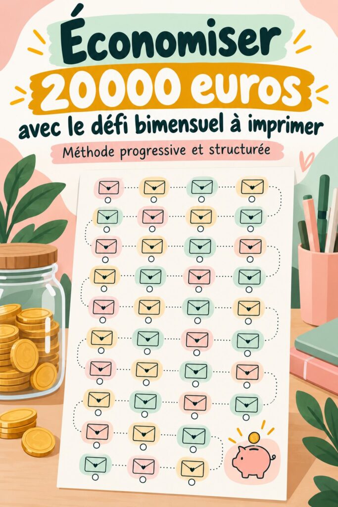Un plan d'épargne bimensuel à imprimer sur une table, symbolisant le défi d'économiser 20 000 euros.
