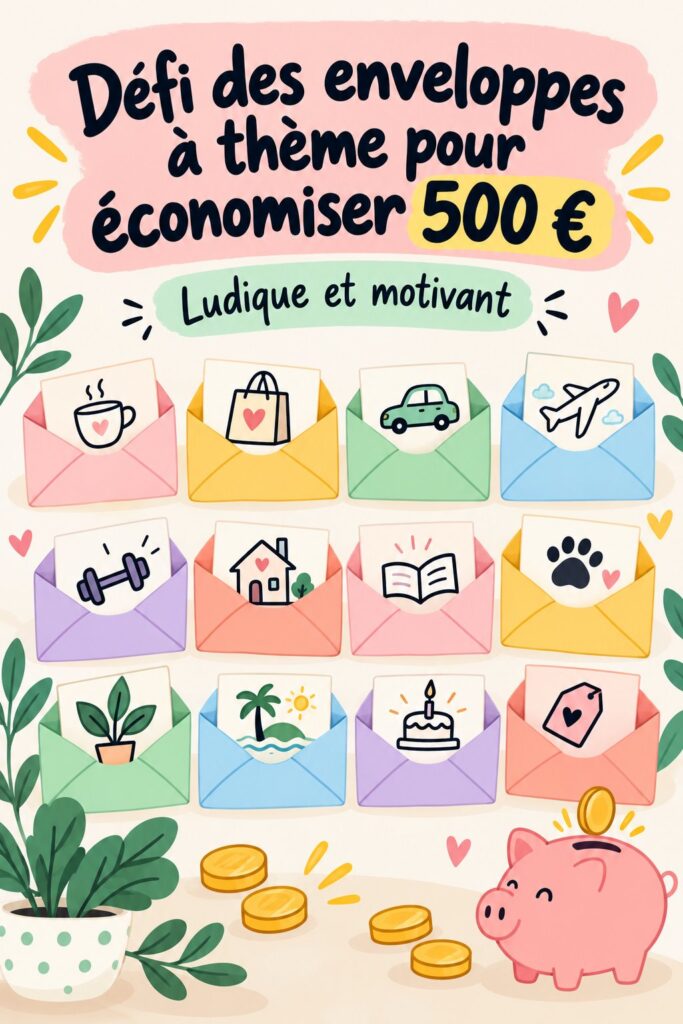 Un ensemble d'enveloppes colorées représentant le défi des enveloppes à thème pour économiser 500 €.