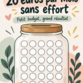 Illustration d'un défi d'épargne de 20 euros par mois, représentant des économies croissantes.