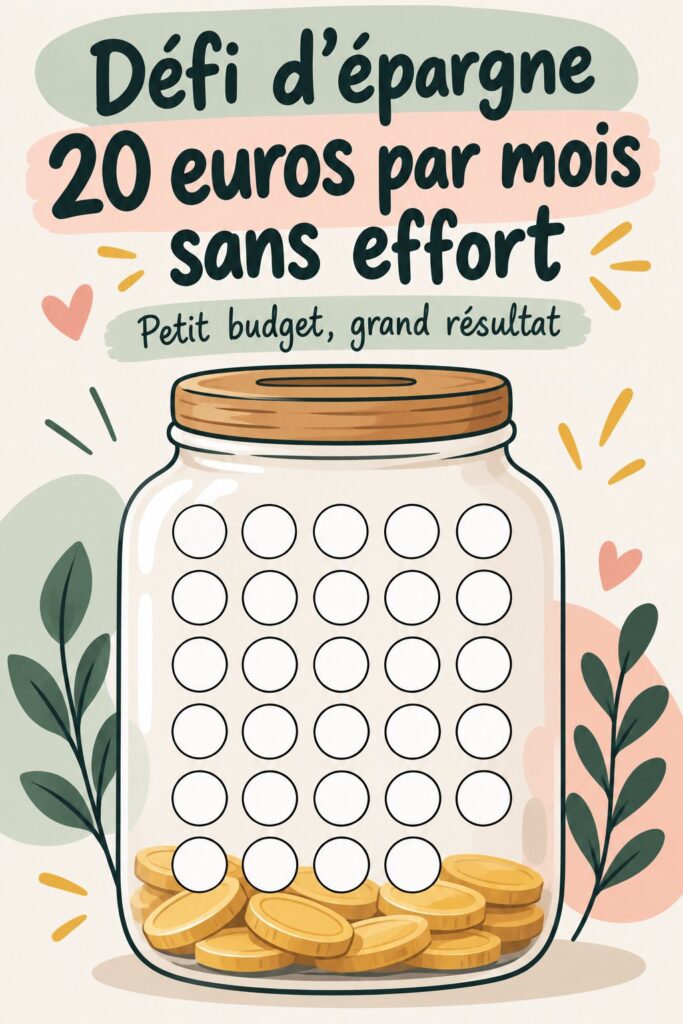 Illustration d'un défi d'épargne de 20 euros par mois, représentant des économies croissantes.