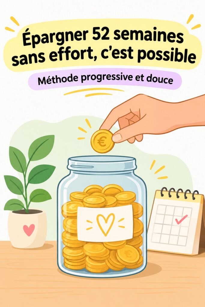 Visuel d'un défi épargne de 52 semaines, avec un graphique illustratif d'économies progressives.