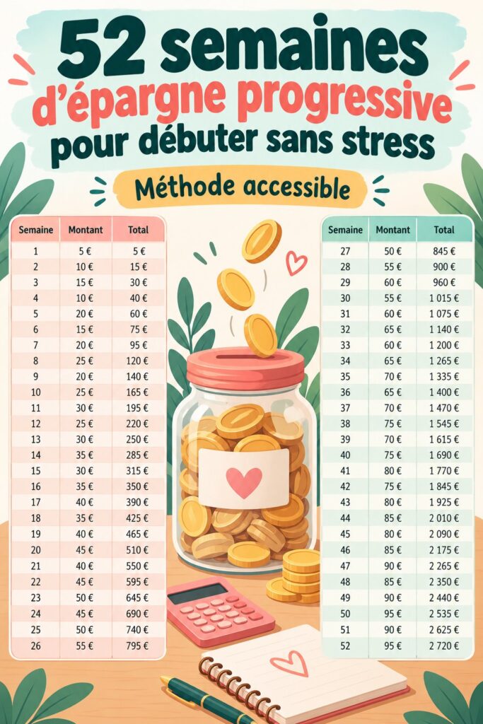 Défi d'épargne de 52 semaines avec une femme heureuse tenant un pot plein d'économies.