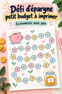 Un document imprimable pour un défi d'épargne adapté aux petits budgets sur un bureau.