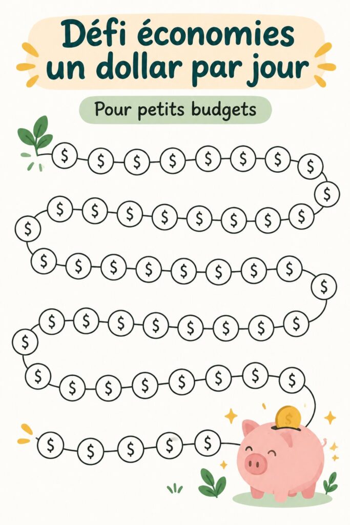 Un affichage d'une tirelire avec des pièces et des billets, symbolisant l'épargne à 1 dollar.