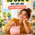 Une femme souriante tenant une tirelire avec des billets à l'intérieur, représentant l'épargne.