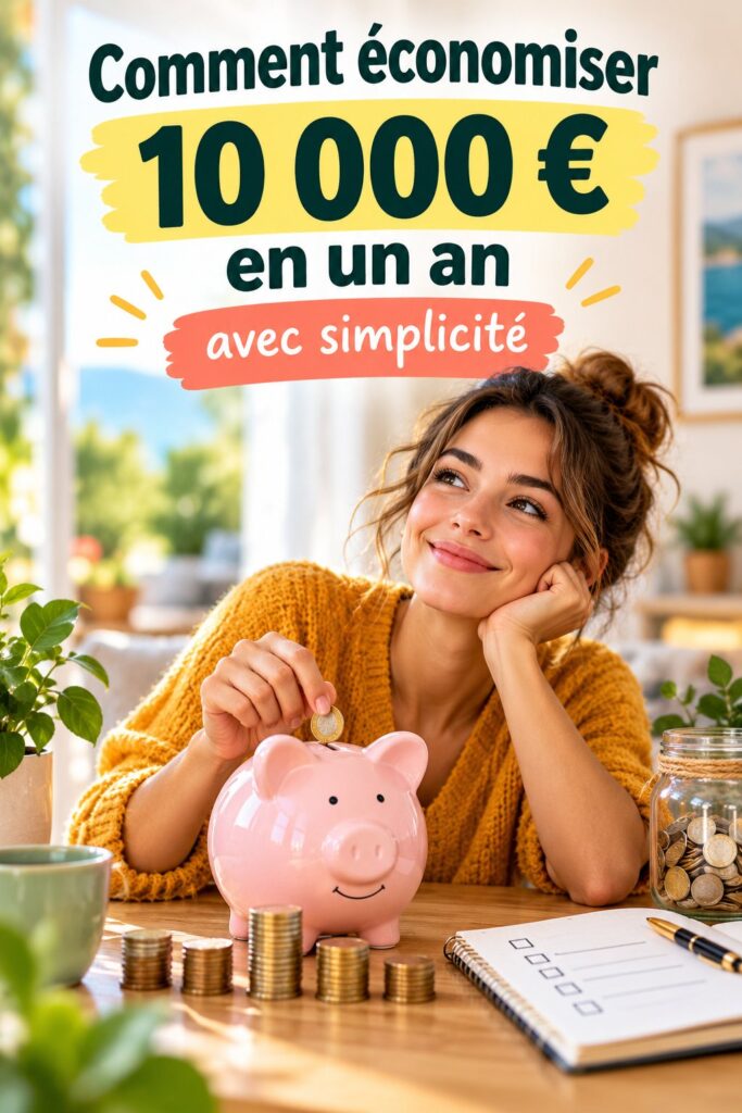 Une femme souriante tenant une tirelire avec des billets à l'intérieur, représentant l'épargne.