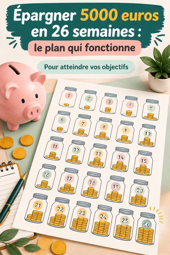 Femme souriante montrant un plan d'épargne pour 5000 euros en 26 semaines.